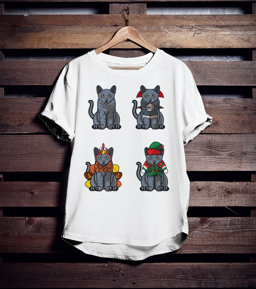 Blue Cat Halloween Thanksgiving Christmas Costumes T-Shirt