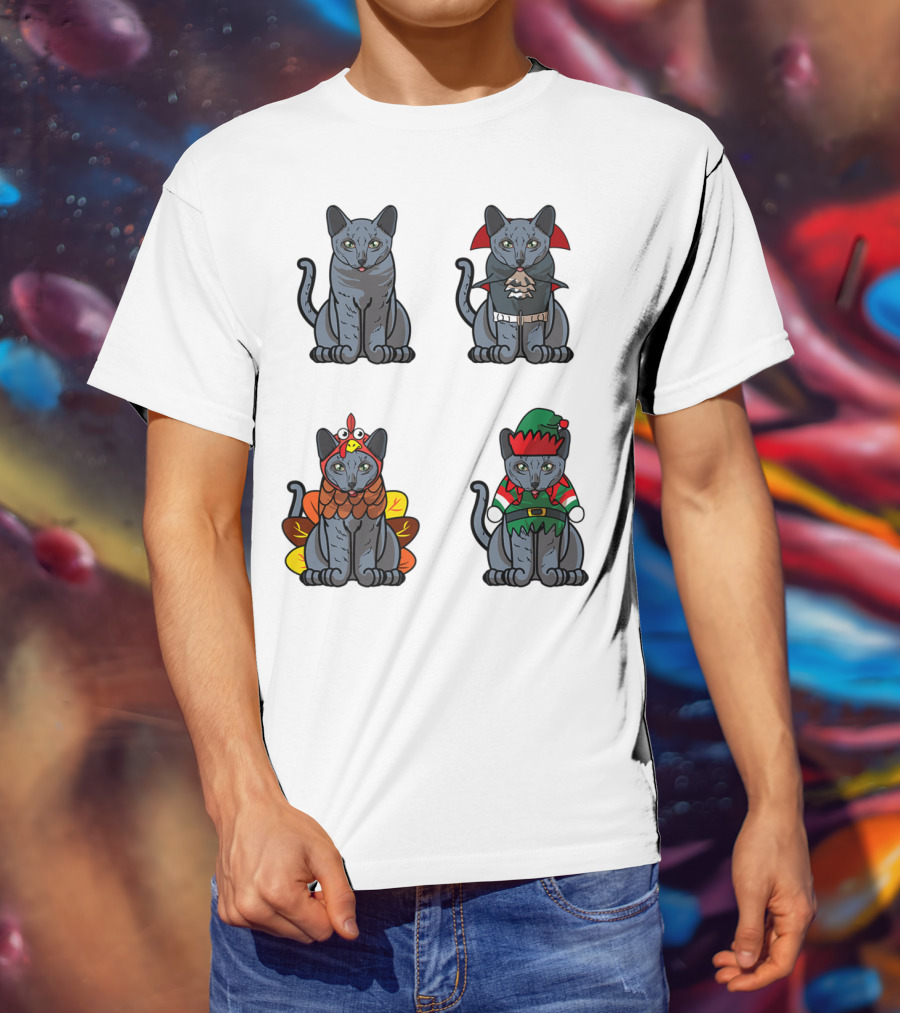 Blue Cat Halloween Thanksgiving Christmas Costumes T-Shirt