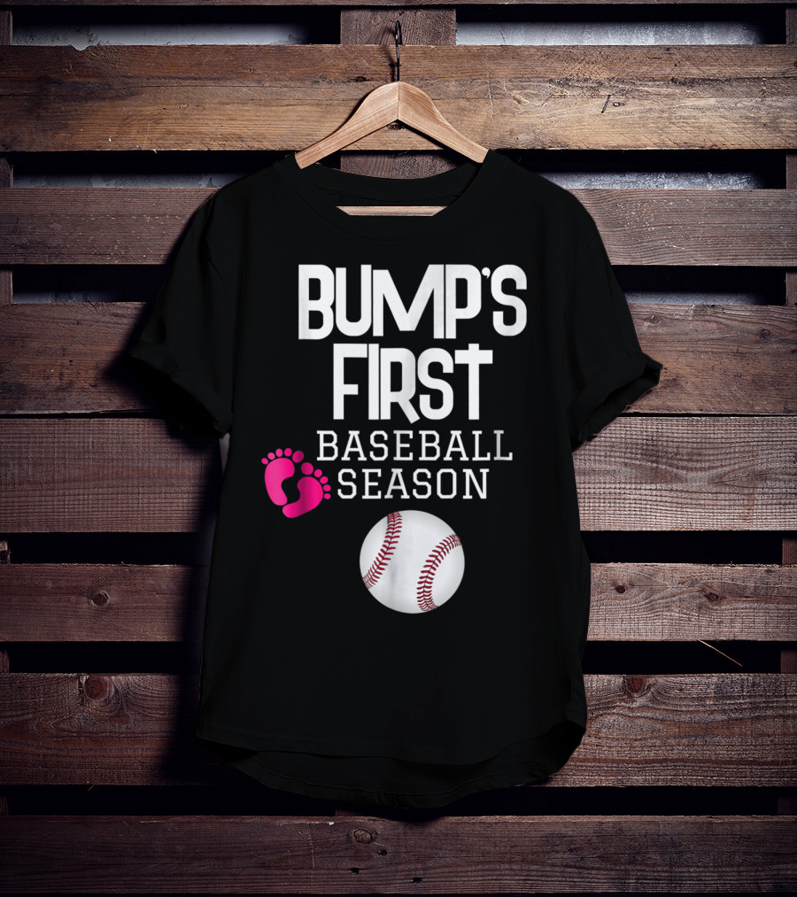Bump's First Baseball Season New Mom To Be With Baby Footprints And Baseball T-Shirt