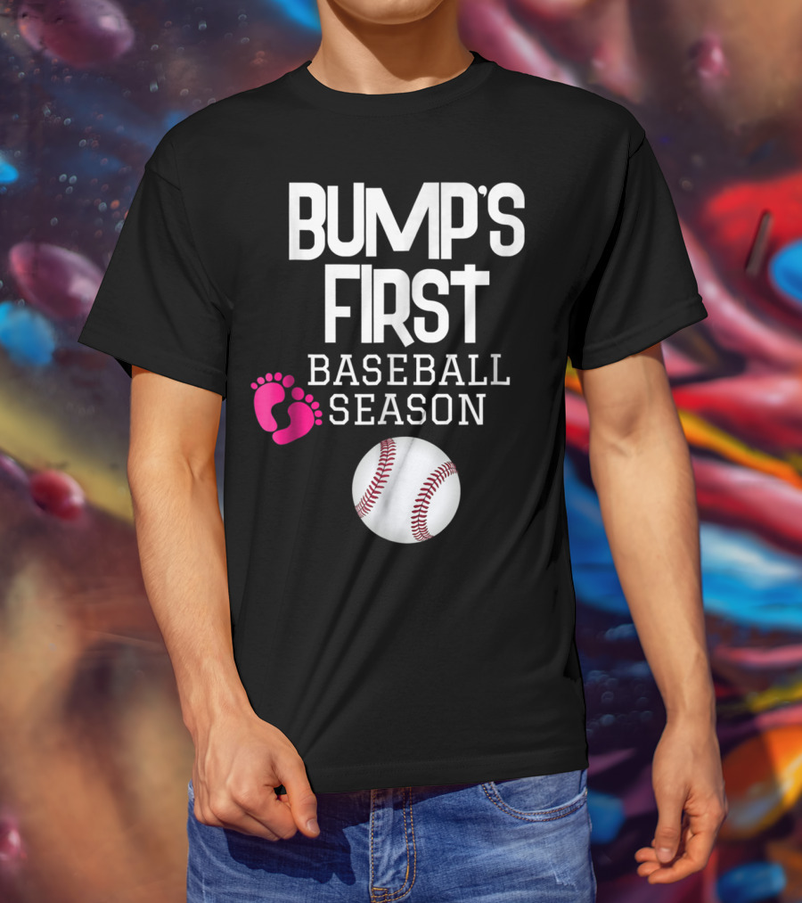 Bump's First Baseball Season New Mom To Be With Baby Footprints And Baseball T-Shirt