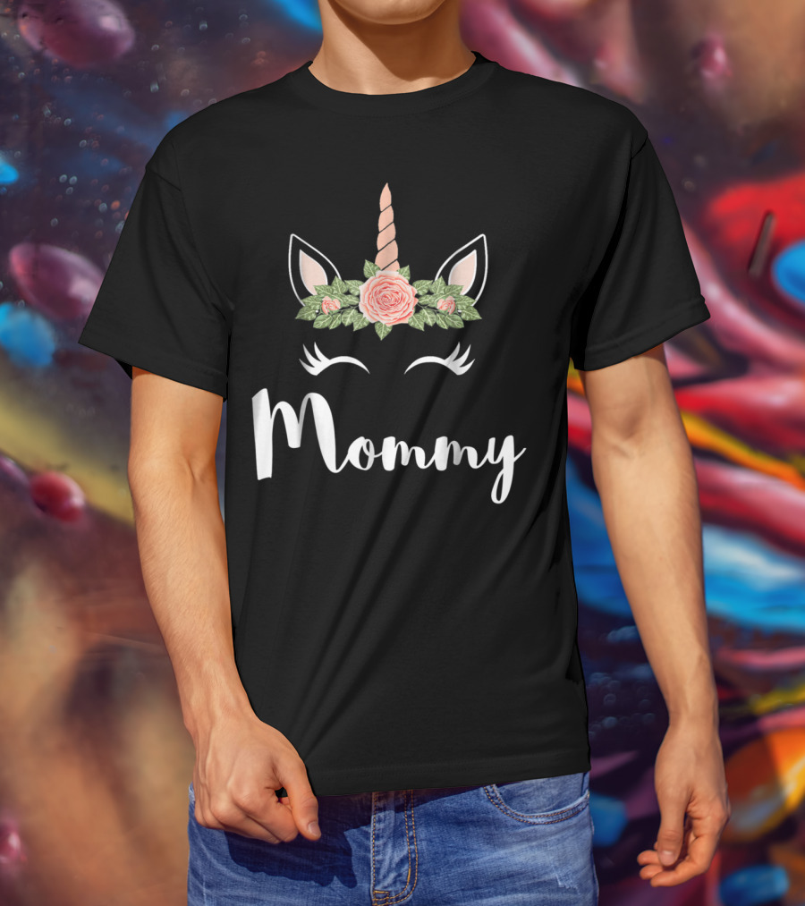 Mommy Cute Unicorn Face Mommy Flower Crown T-Shirt