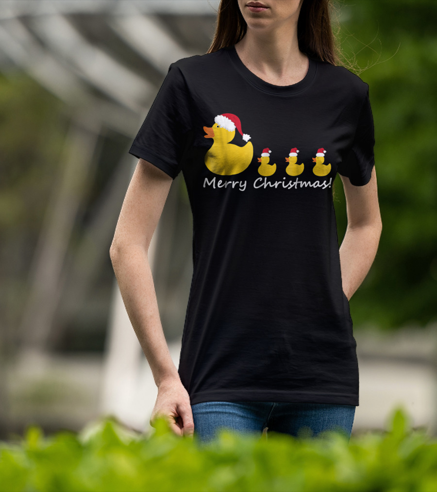 Merry Christmas Rubber Duck Family Santa Hat Mom Of Three T-Shirt