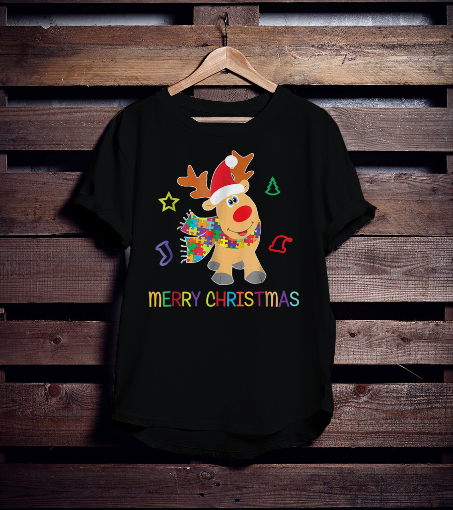 Merry Christmas Autism Awareness Reindeer Puzzle Scarf Holiday Kids 65 T-Shirt