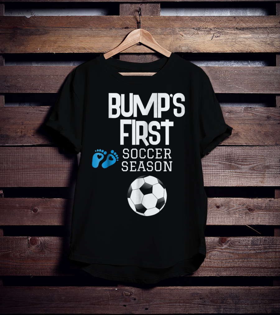 Bump's First Soccer Season New Mom To Be With Baby Footprints And Soccer Ball T-Shirt