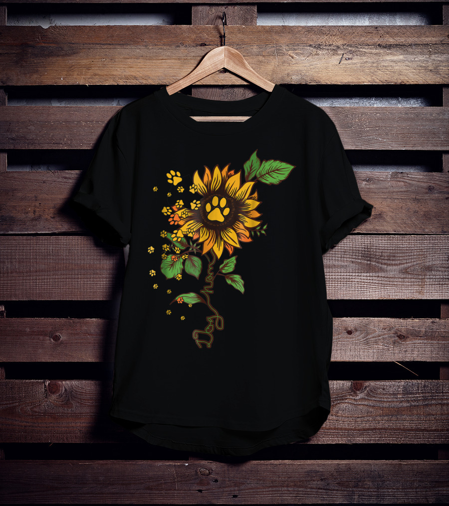 Dog Mom Paw Print Sunflower With Leaves T-Shirt