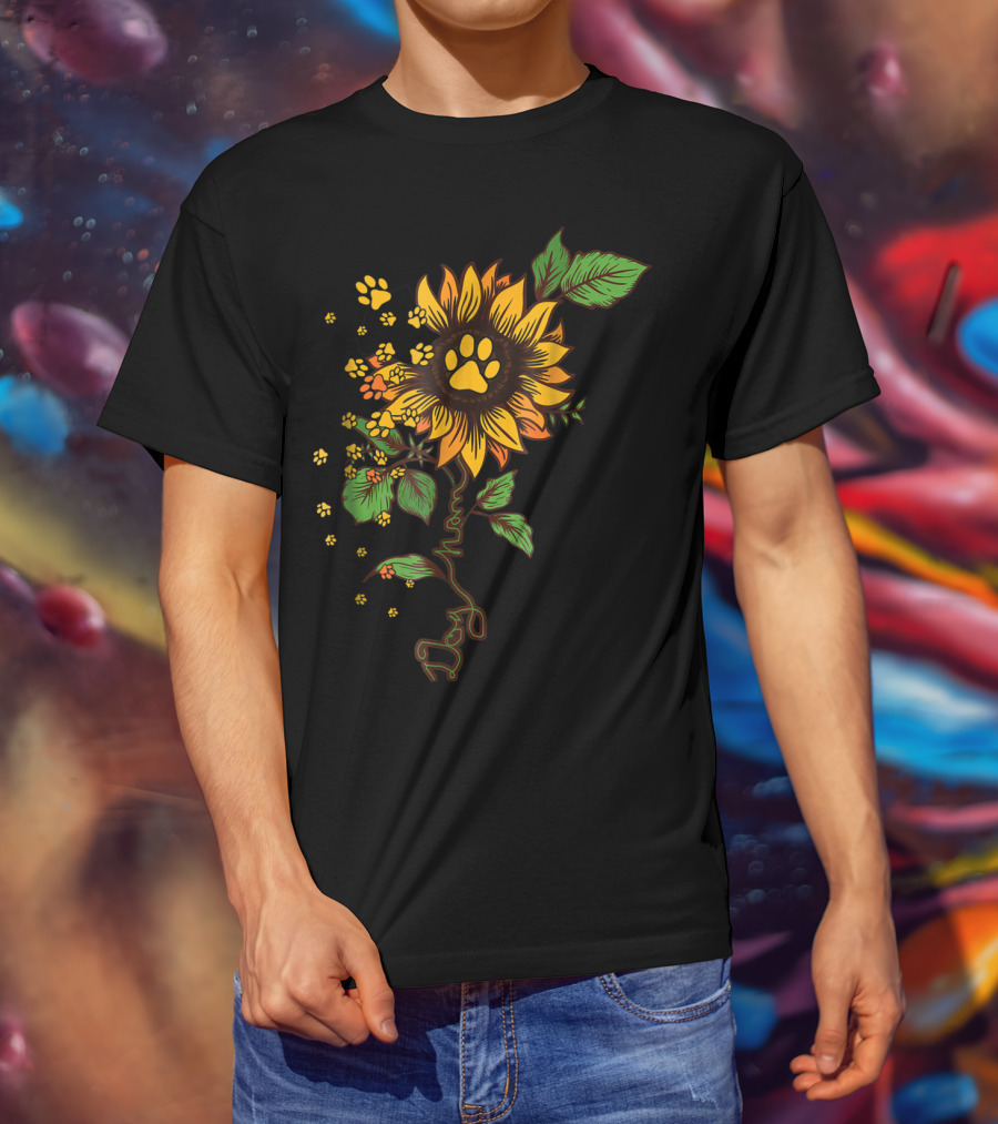 Dog Mom Paw Print Sunflower With Leaves T-Shirt