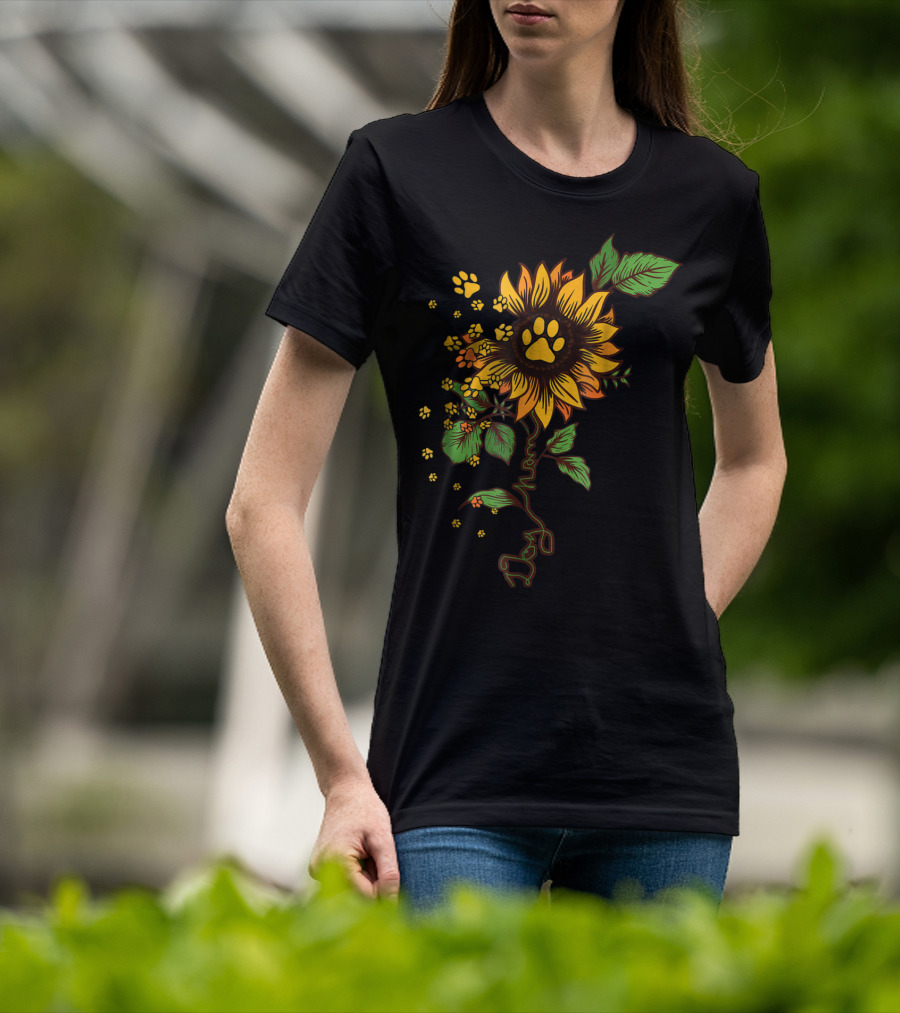 Dog Mom Paw Print Sunflower With Leaves T-Shirt