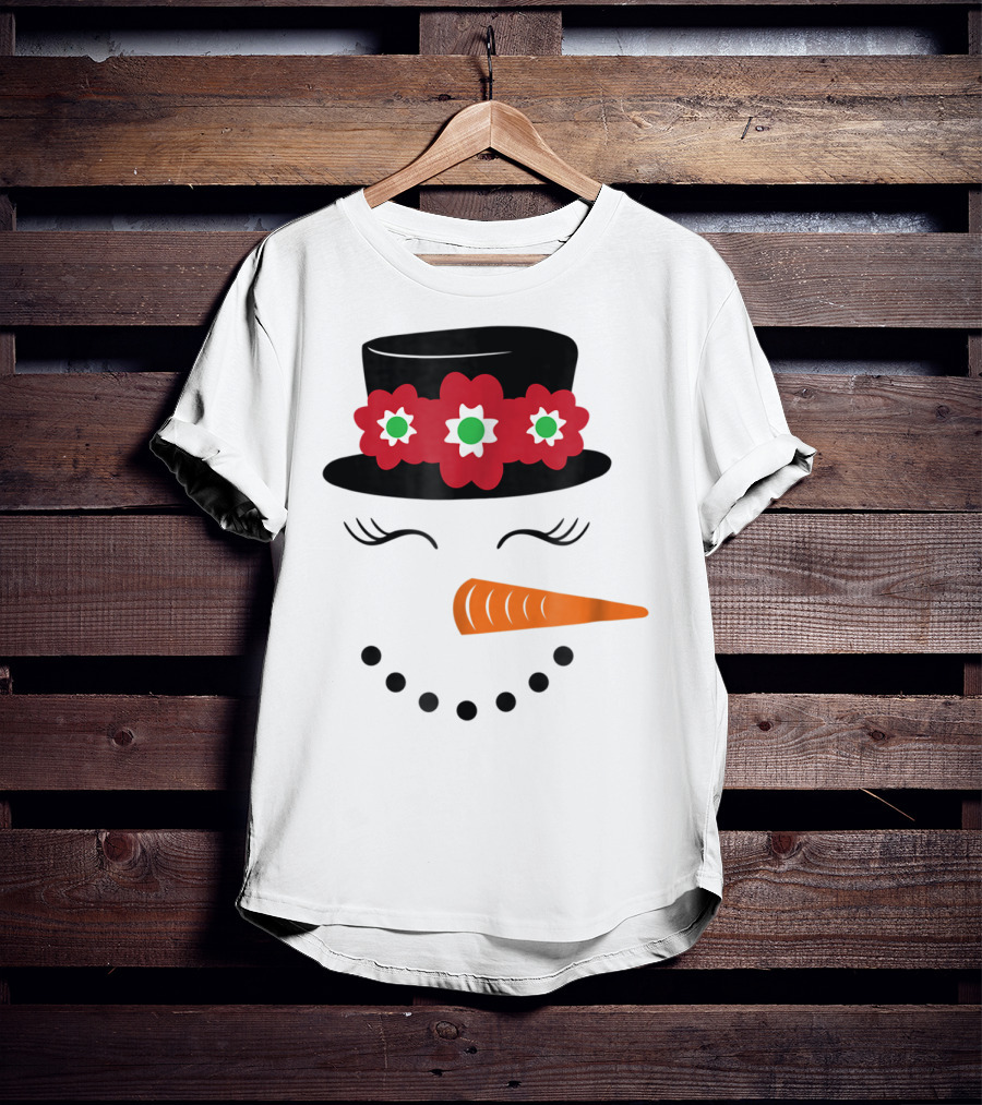 Family Christmas Card Snowman Woman With Hat And Flowers Mom Girl25 T-Shirt