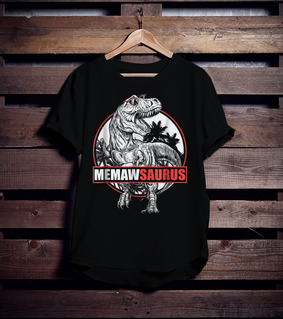 MemawSaurus Dinosaur With Sunglasses Black And Red Outline T-Shirt
