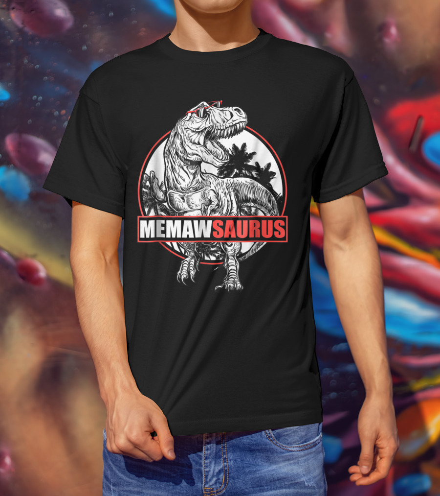 MemawSaurus Dinosaur With Sunglasses Black And Red Outline T-Shirt