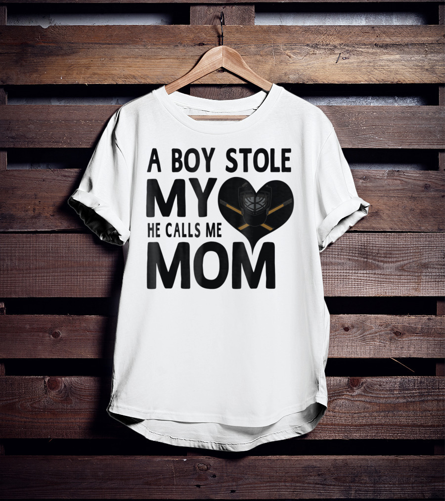 A Boy Stole My Heart He Calls Me Mom Hockey Heart Mask T-Shirt
