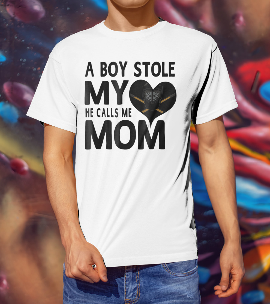 A Boy Stole My Heart He Calls Me Mom Hockey Heart Mask T-Shirt