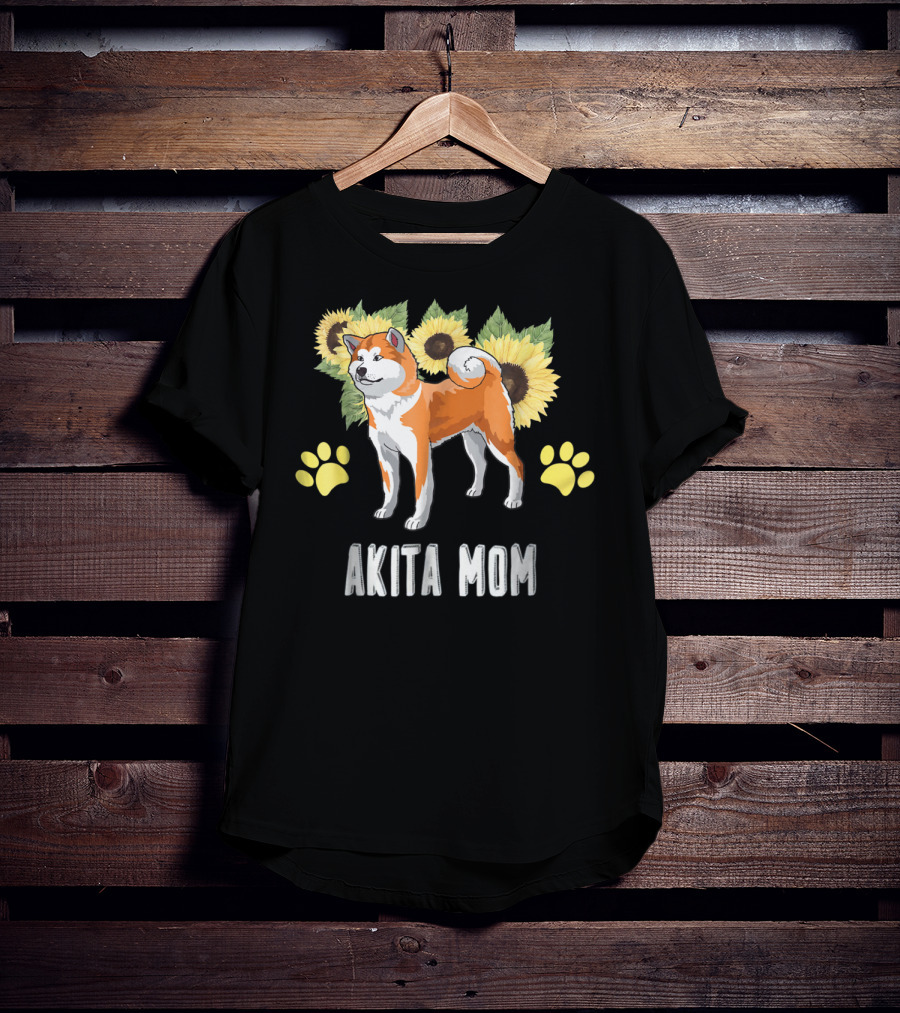Akita Mom Sunflower With Paw Print Elements T-Shirt