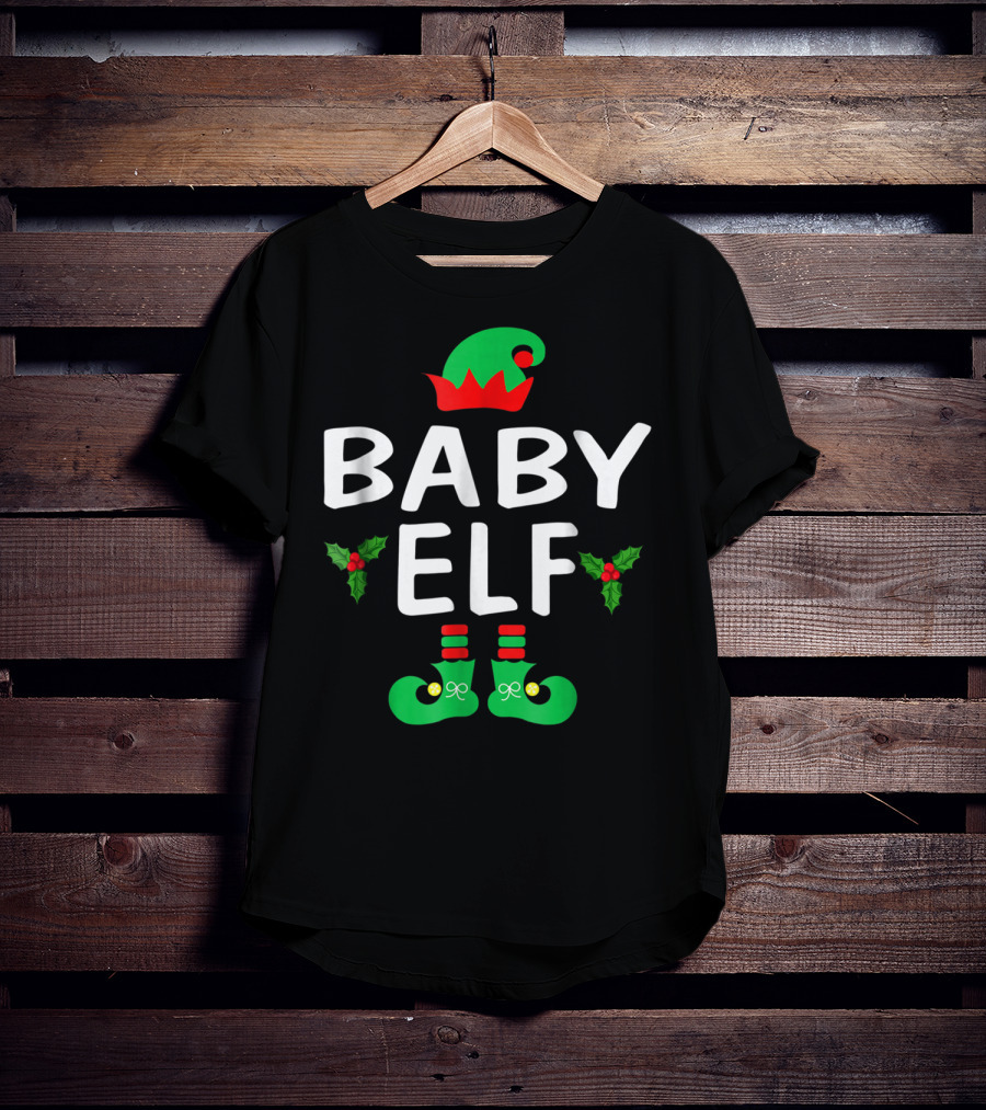 BABY ELF Christmas Green Hat Holly Boots T-Shirt