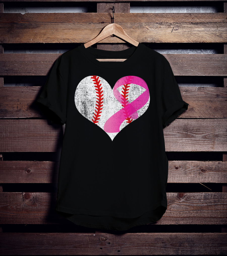 Baseball Heart Pink Ribbon Breast Cancer Awareness Mom81 T-Shirt