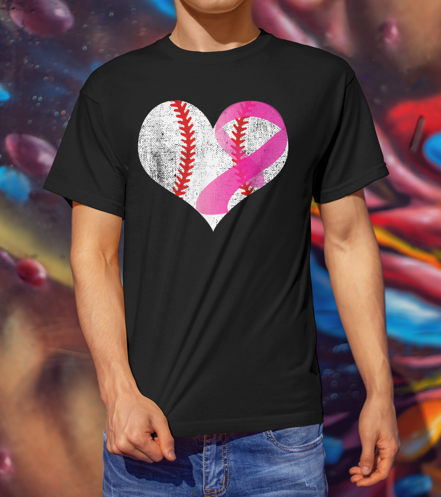 Baseball Heart Pink Ribbon Breast Cancer Awareness Mom81 T-Shirt