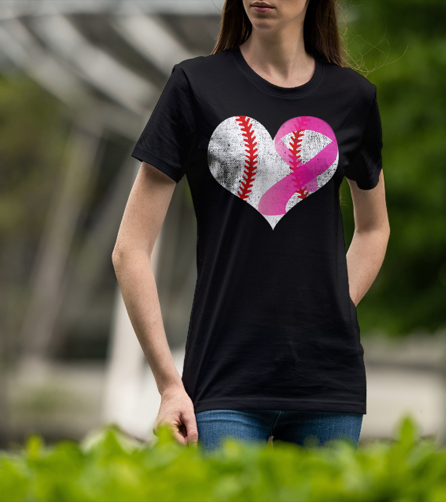 Baseball Heart Pink Ribbon Breast Cancer Awareness Mom81 T-Shirt