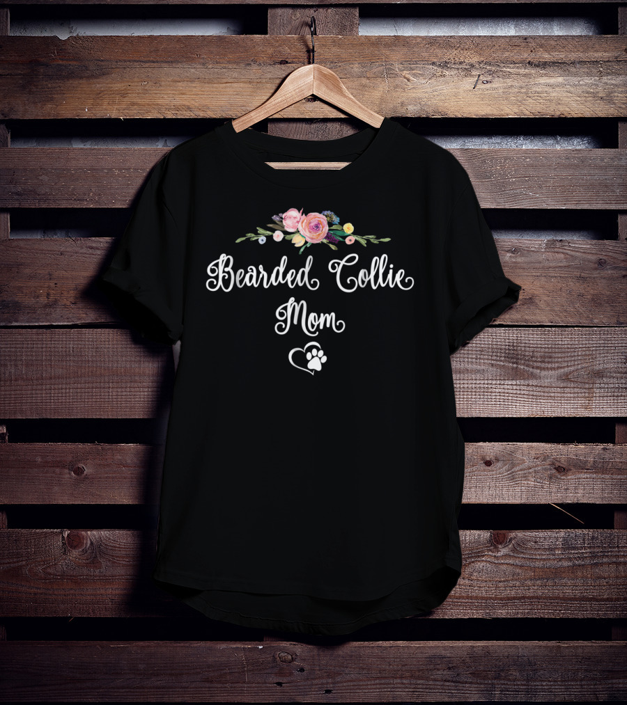Bearded Collie Dog Mom Floral Heart Paw Prints T-Shirt