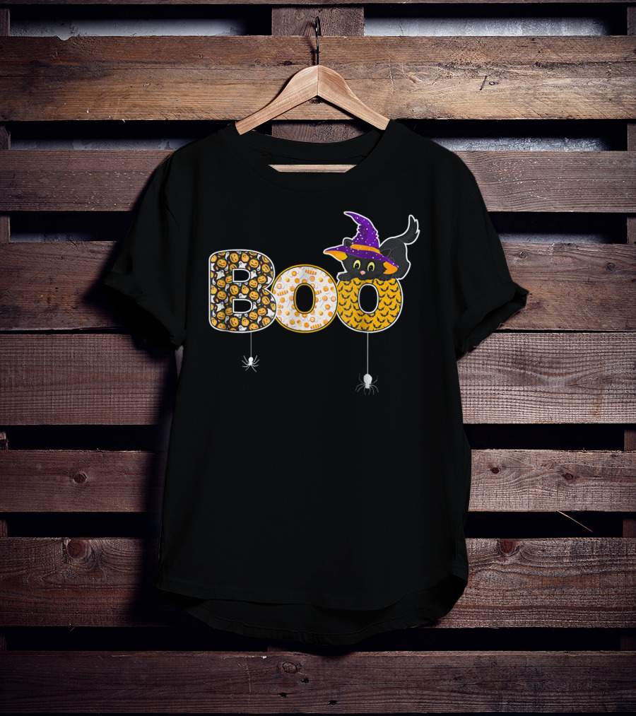 Boo Halloween Cat Mom Cute25 Black Cat Witch Hat Spiders T-Shirt