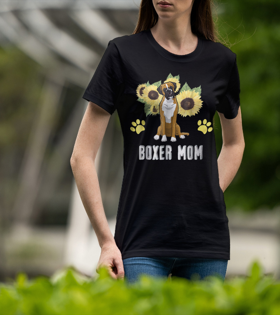 Boxer Mom Sunflowers Paw Prints T-Shirt