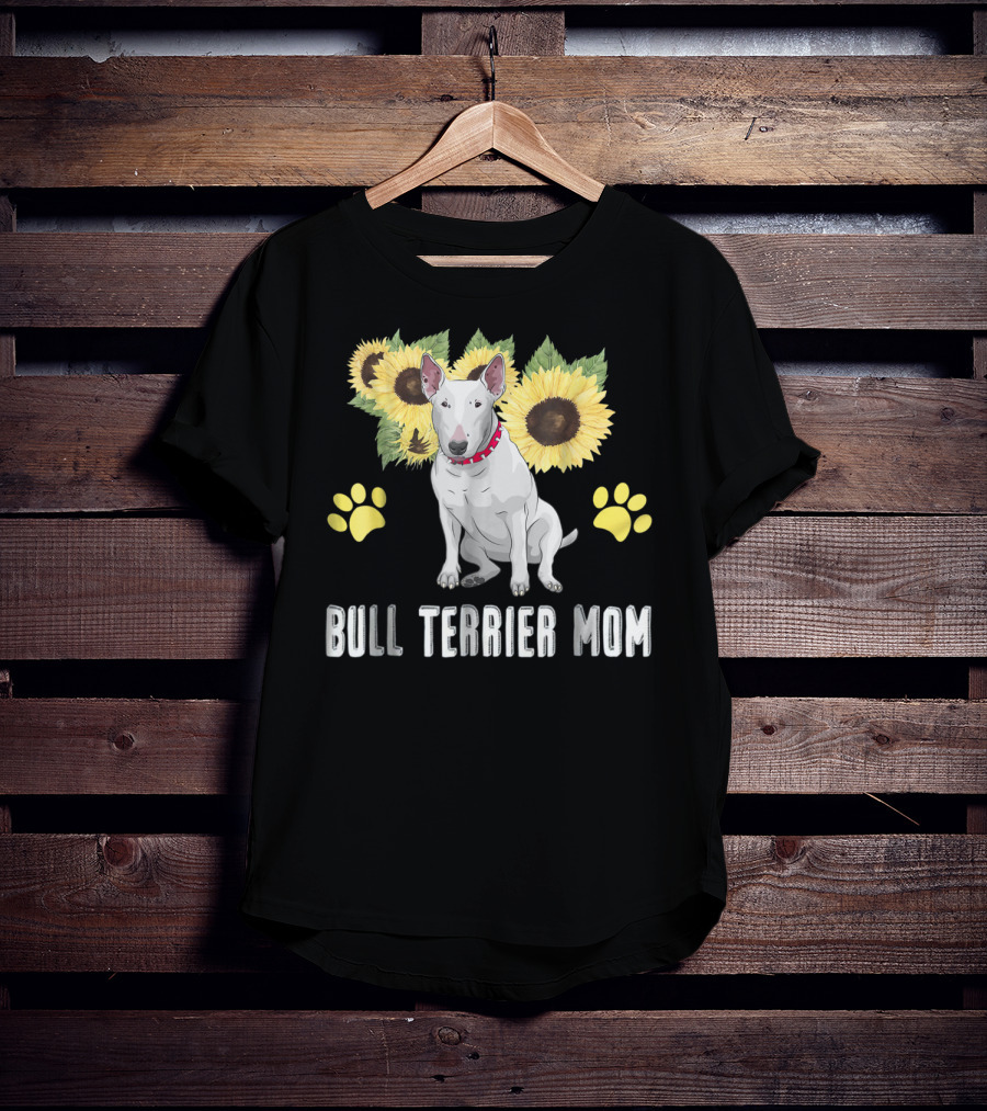 Bull Terrier Mom With Sunflowers And Paw Prints T-Shirt