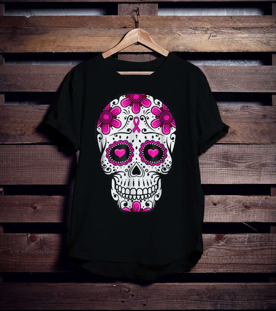 Breast Cancer Awareness Skull Pink Ribbon Mom Wife Floral T-Shirt