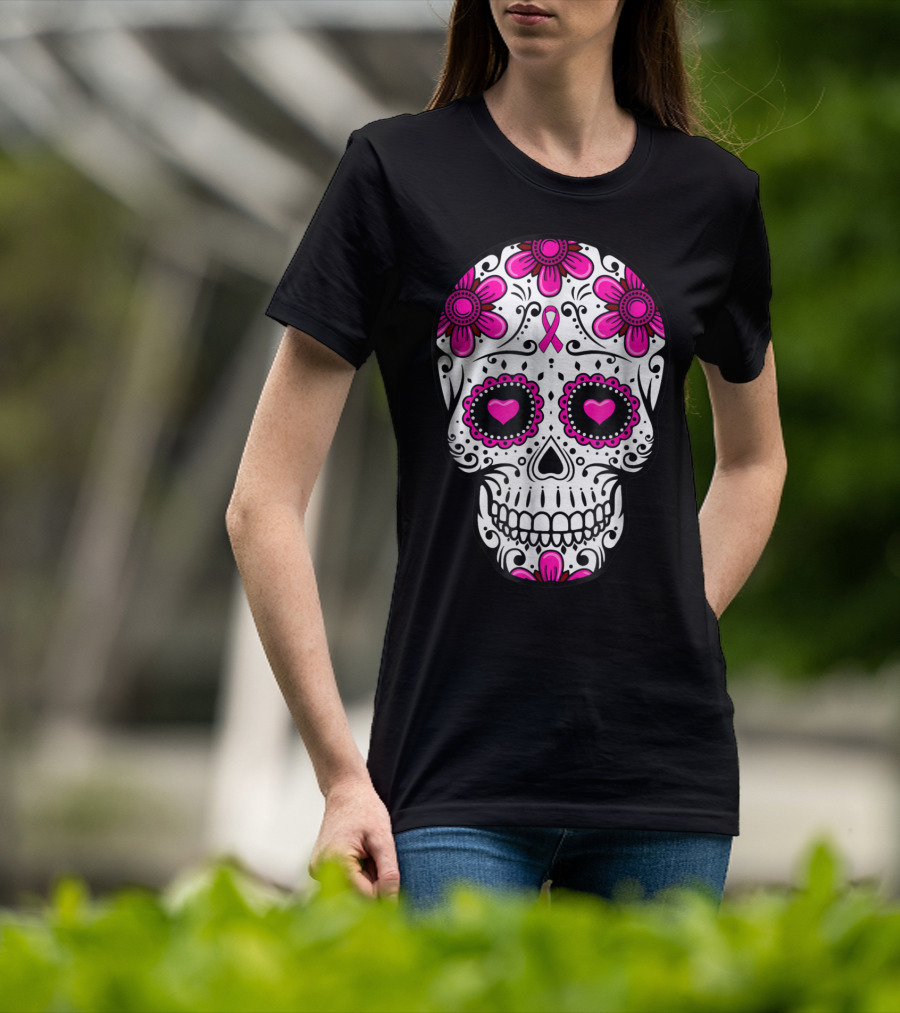 Breast Cancer Awareness Skull Pink Ribbon Mom Wife Floral T-Shirt