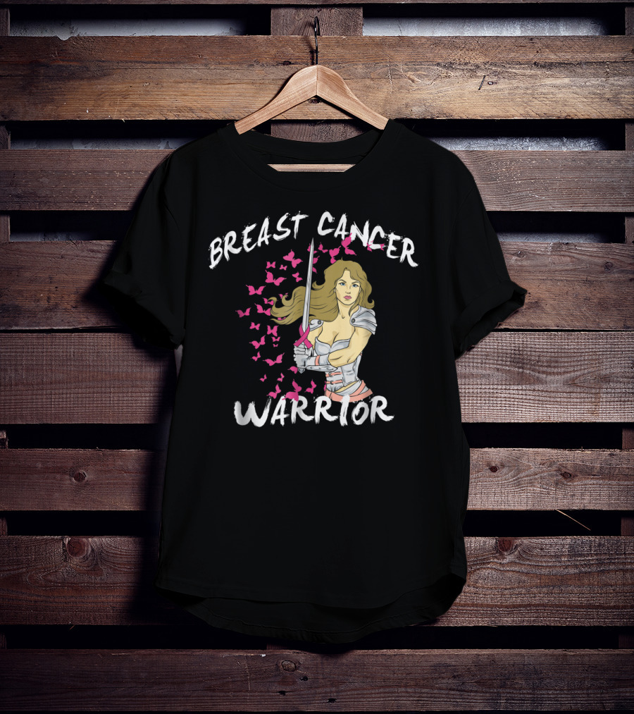 Breast Cancer Warrior Mom Knight With Ribbon Sword And Butterflies T-Shirt