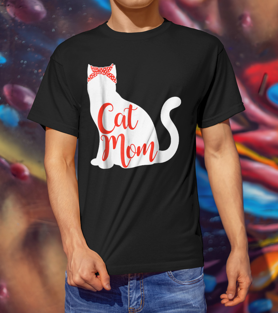 Cat Mom Cute Cat Owner Lover With Red Bow T-Shirt