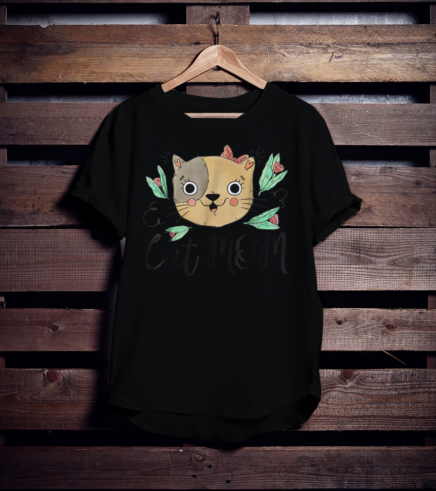 Cat Mom Perfect Cat Lady Kittie Lover With Flowers And Whimsical Cat Face T-Shirt
