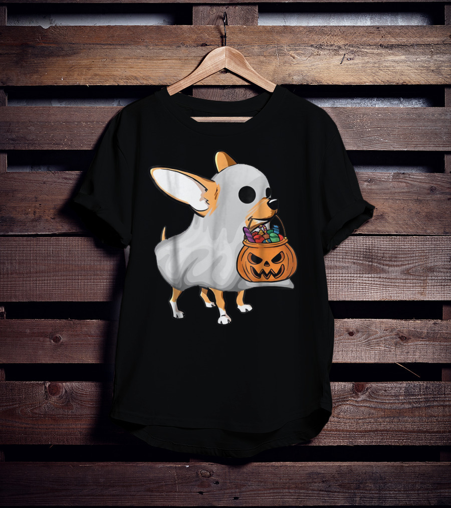 Ghost Chihuahua Trick-or-Treat Pumpkin Basket T-Shirt