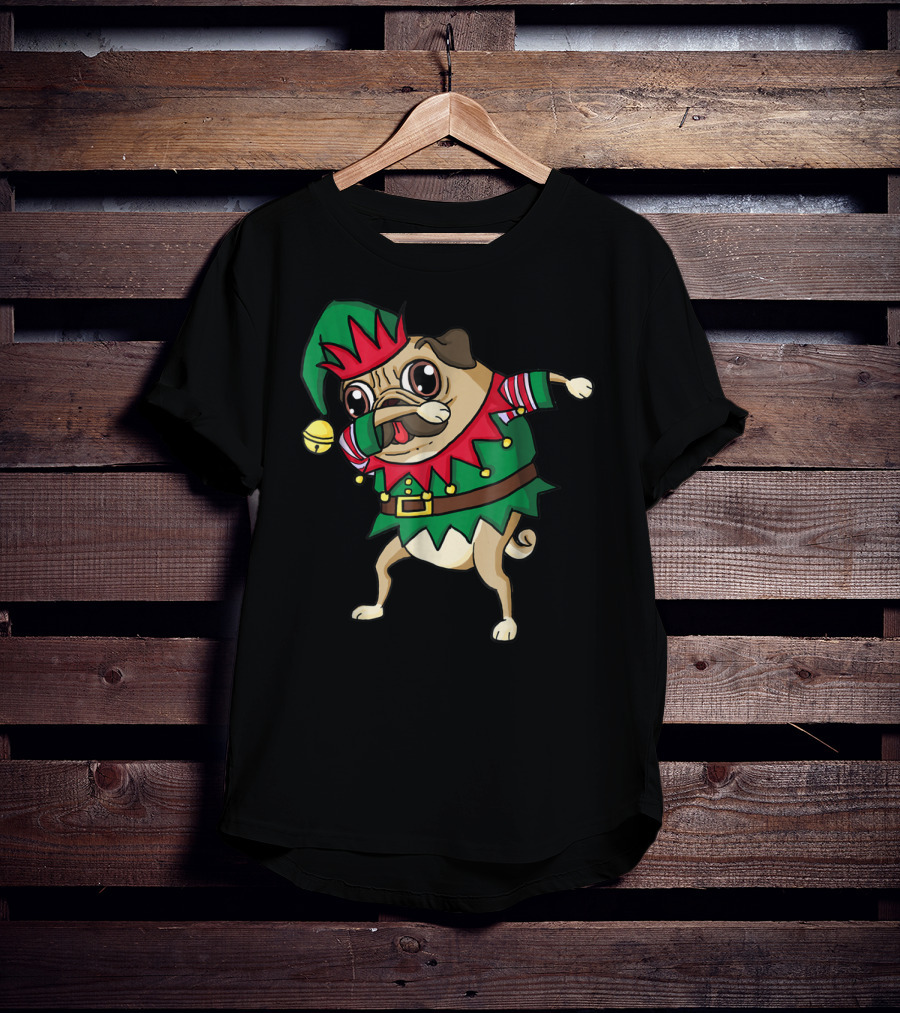 Christmas Dabbing Pug Dog Elf Costume With Festive Hat And Green Red T-Shirt