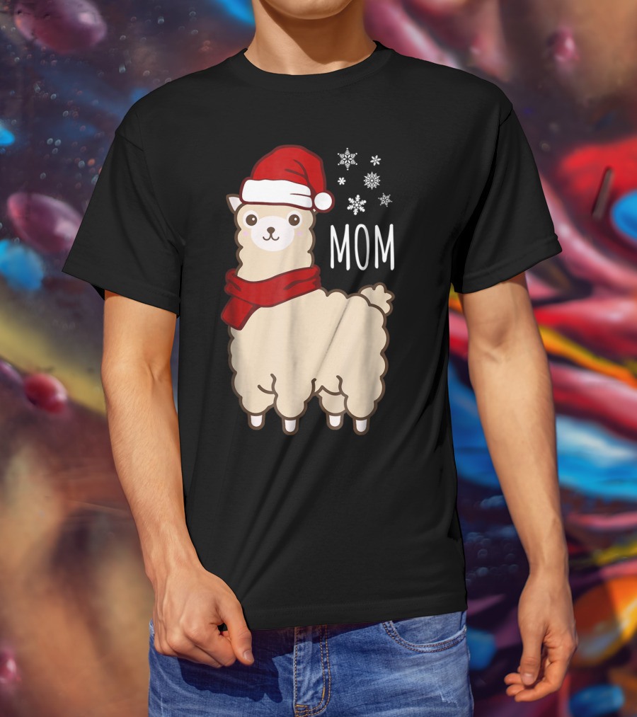 Christmas Mom Llama Cria Herd Xmas Mother Santa Hat Snowflakes T-Shirt
