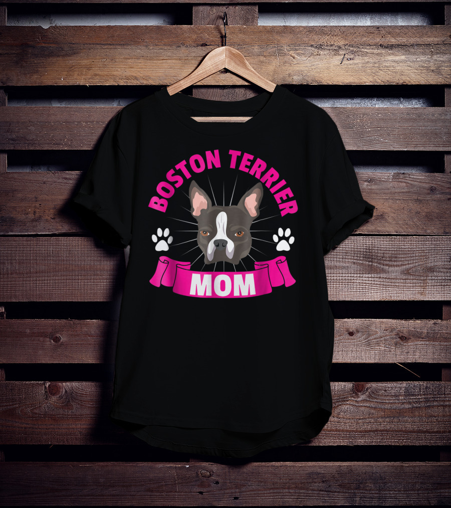 Boston Terrier Mom Cute Dog Face Paw Print Charm T-Shirt