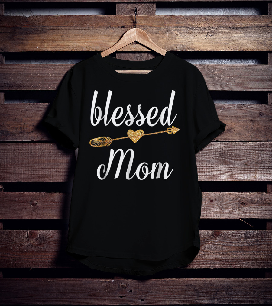 Blessed Mom Gold Heart Arrow T-Shirt