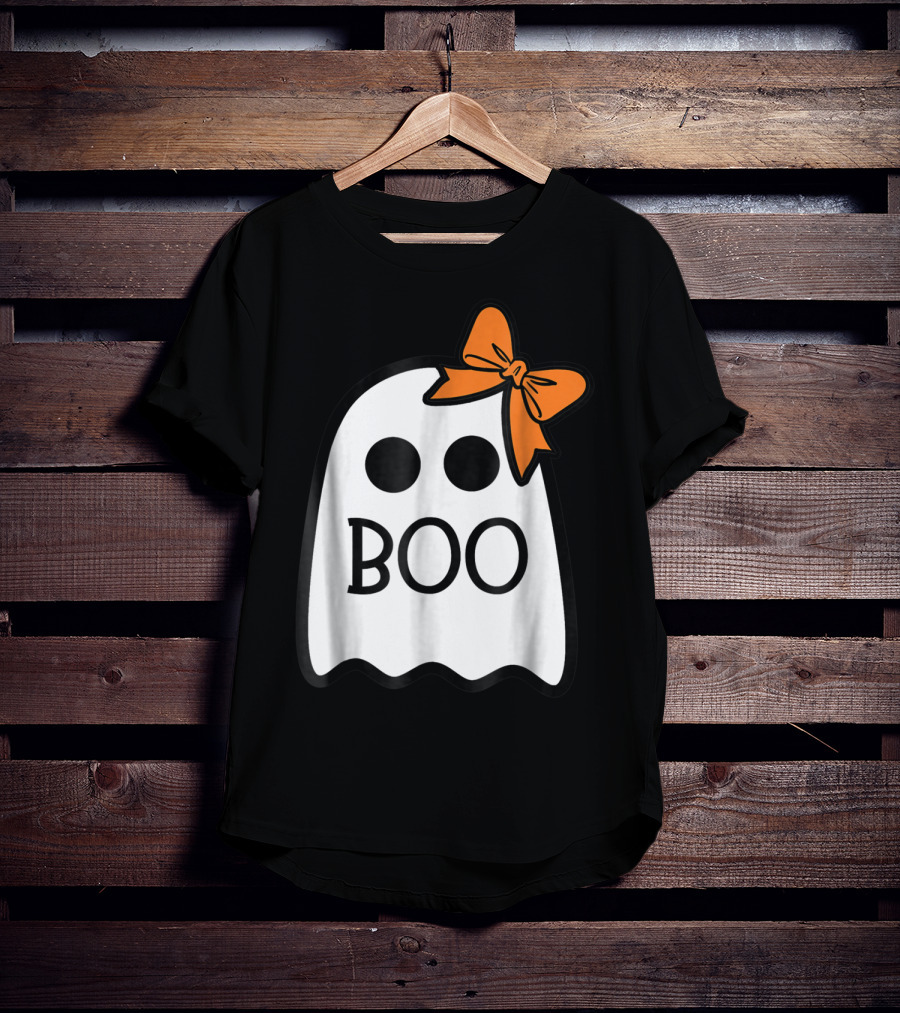 Cute Ghost Boo With Orange Bow For Halloween T-Shirt