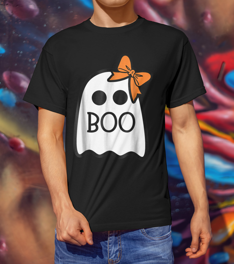 Cute Ghost Boo With Orange Bow For Halloween T-Shirt