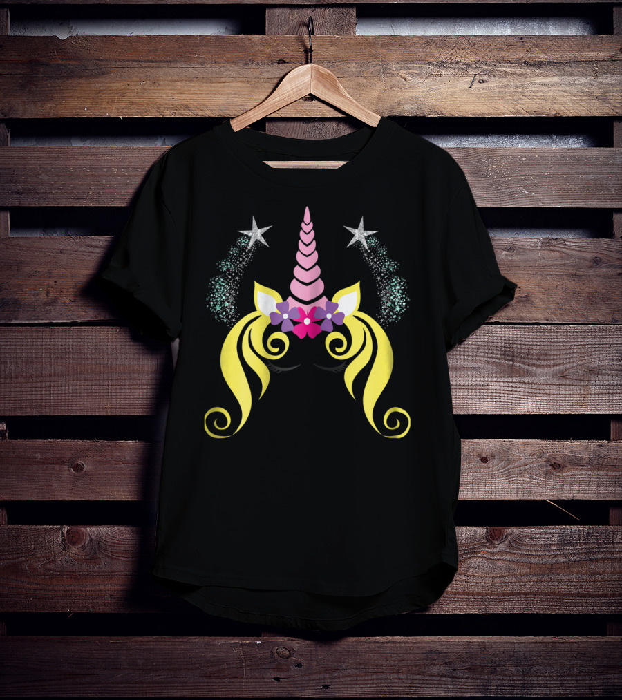 Floral Unicorn Face With Sparkling Stars Birthday T-Shirt