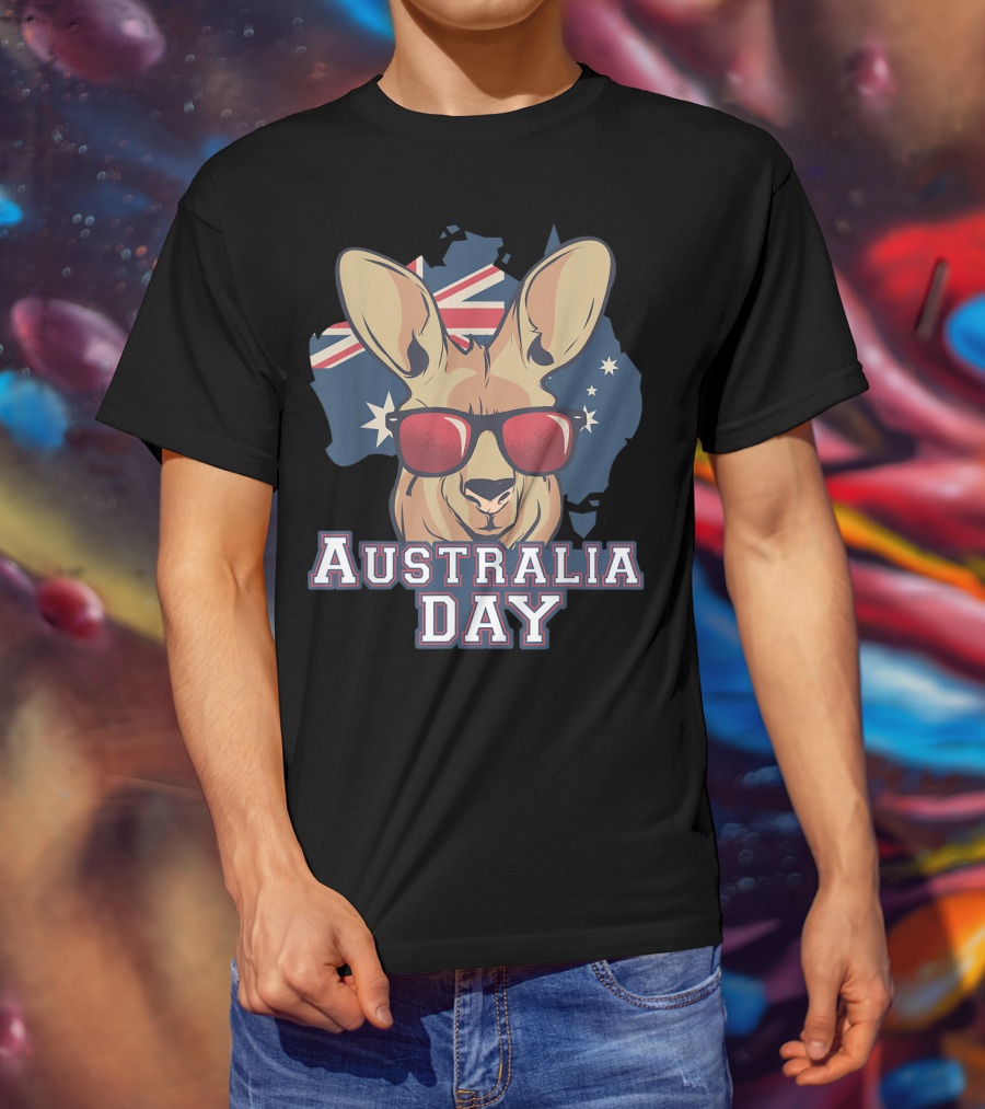 Australia Day Kangaroo With Sunglasses Australian Flag T-Shirt