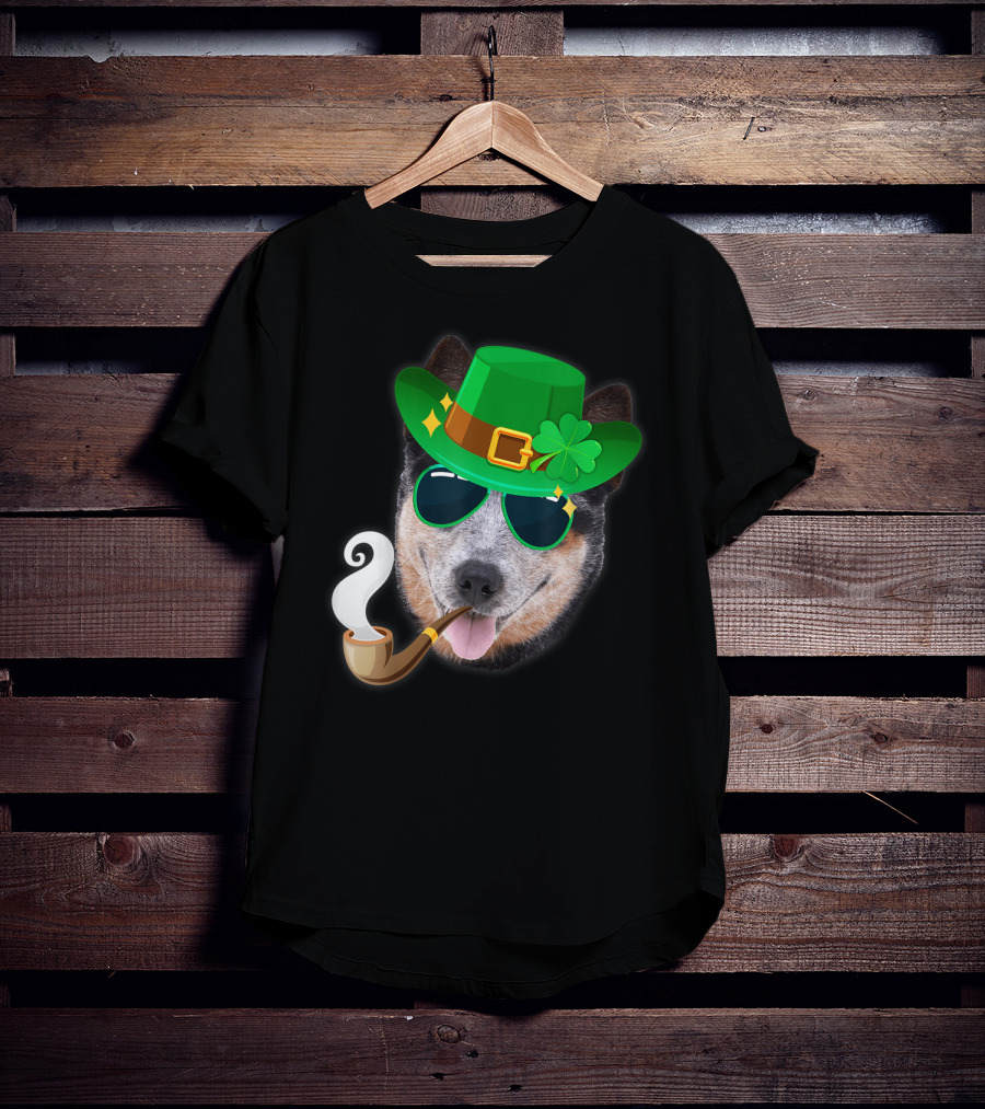 Australian Cattle Dog Leprechaun With Pipe And Shamrock Hat T-Shirt