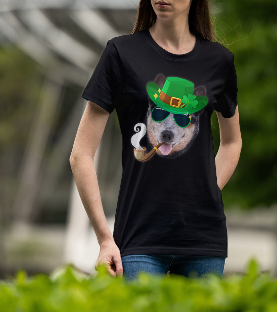 Australian Cattle Dog Leprechaun With Pipe And Shamrock Hat T-Shirt