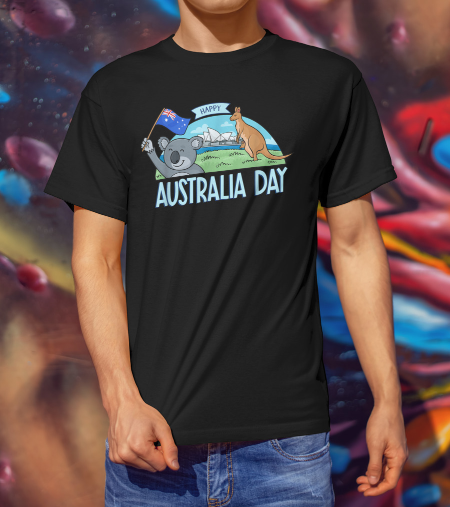 Happy Australia Day Koala Bear And Kangaroo With Australian Flag T-Shirt