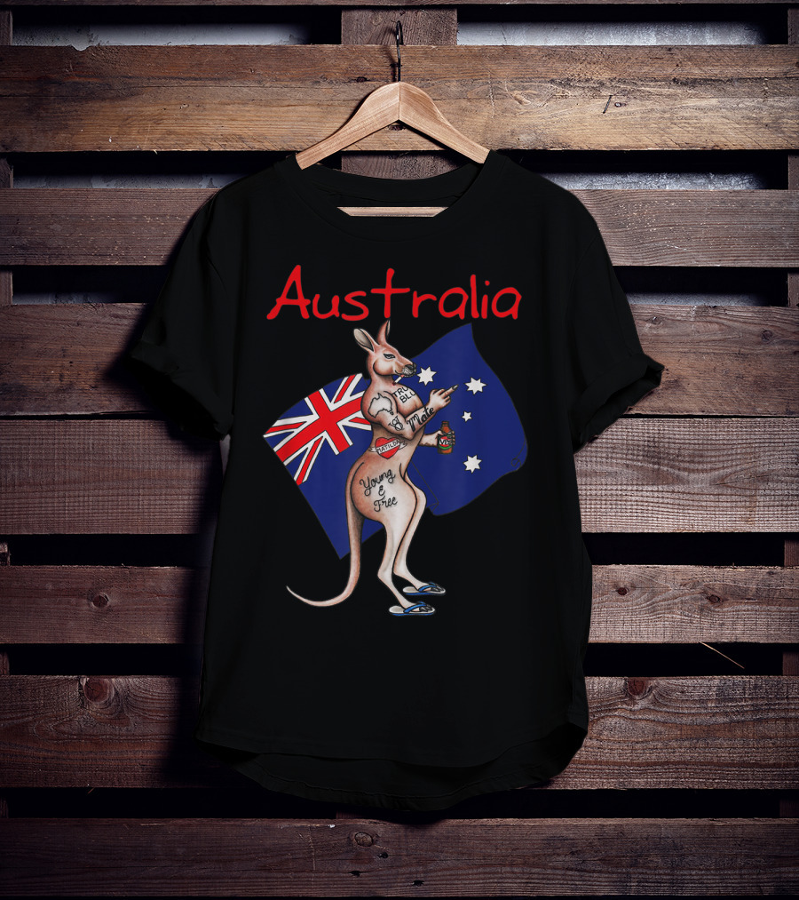 Australia Tattooed Kangaroo Young And Free Flag T-Shirt