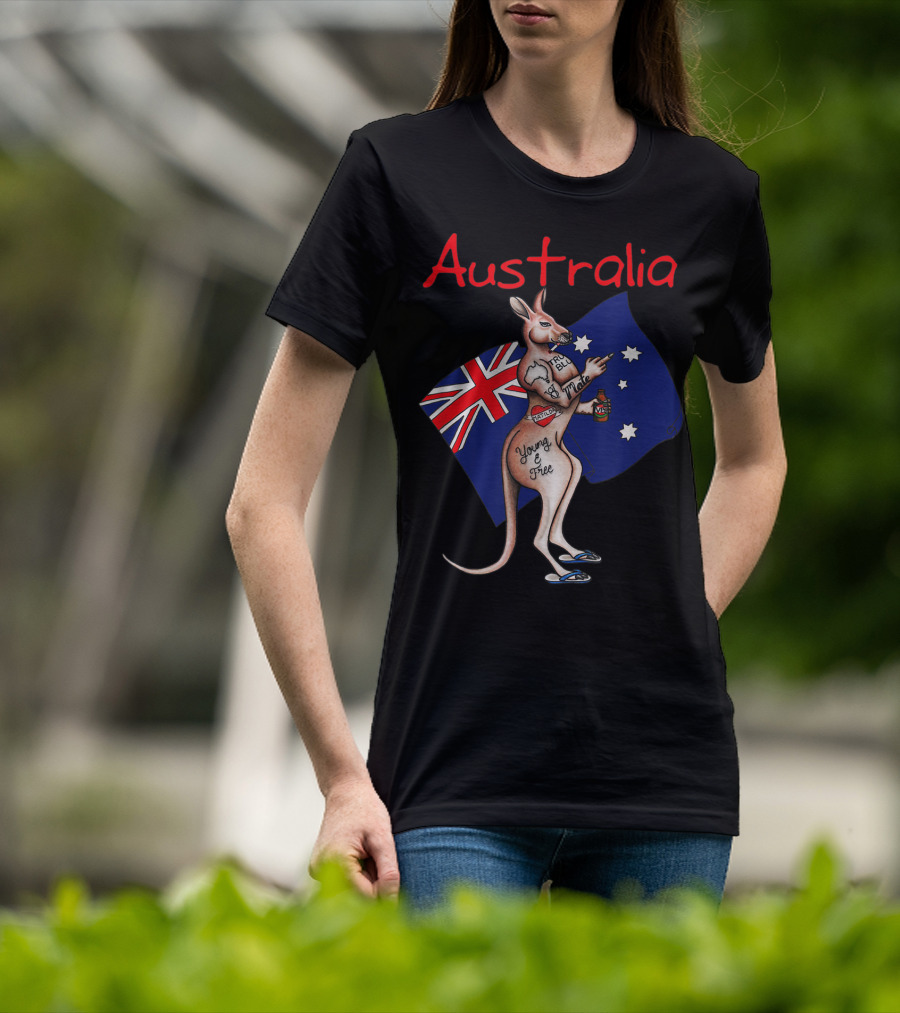 Australia Tattooed Kangaroo Young And Free Flag T-Shirt