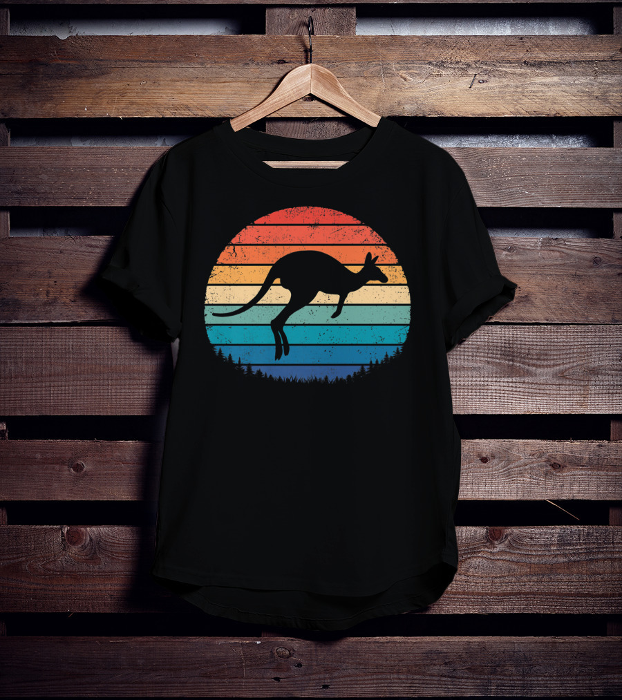 Australia Kangaroo Vintage Sunset Forest Silhouette Retro Stripes T-Shirt