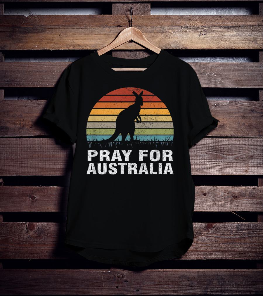 Retro Sun Stripes Kangaroo Silhouette Pray For Australia T-Shirt