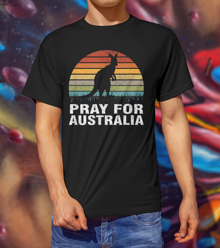 Retro Sun Stripes Kangaroo Silhouette Pray For Australia T-Shirt
