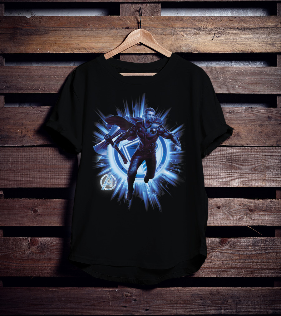 Thor Avengers Endgame Blast With Axe And Blue Lightning Background T-Shirt