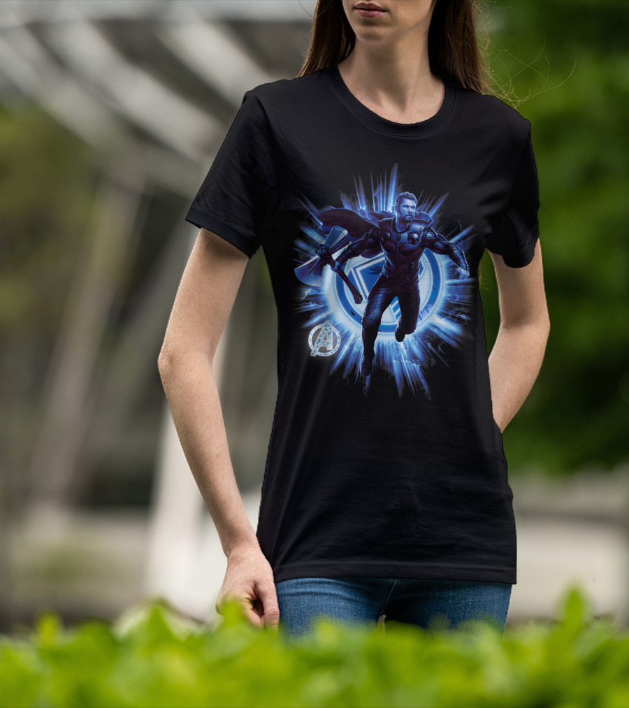 Thor Avengers Endgame Blast With Axe And Blue Lightning Background T-Shirt