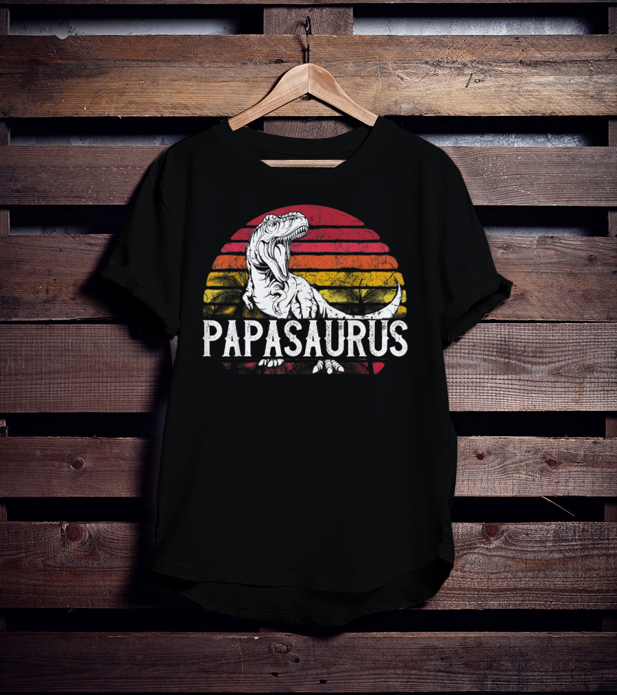 Mens Father's Day Papasaurus Dinosaur Retro Sunset T-Shirt